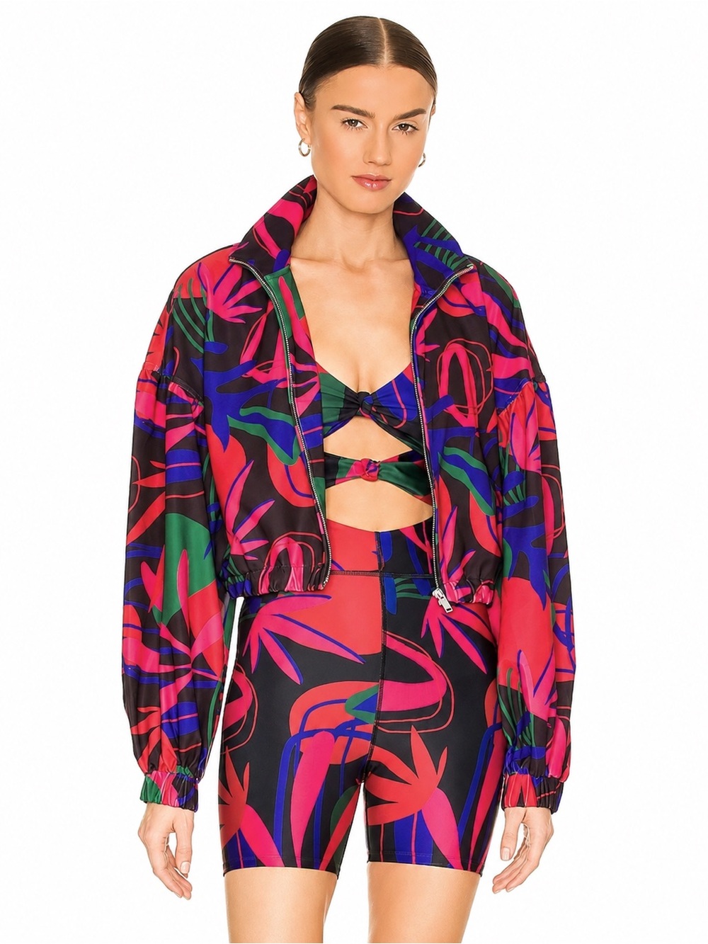 PatBO Tropical Print Cutout Long Sleeve Crop Top Size Medium